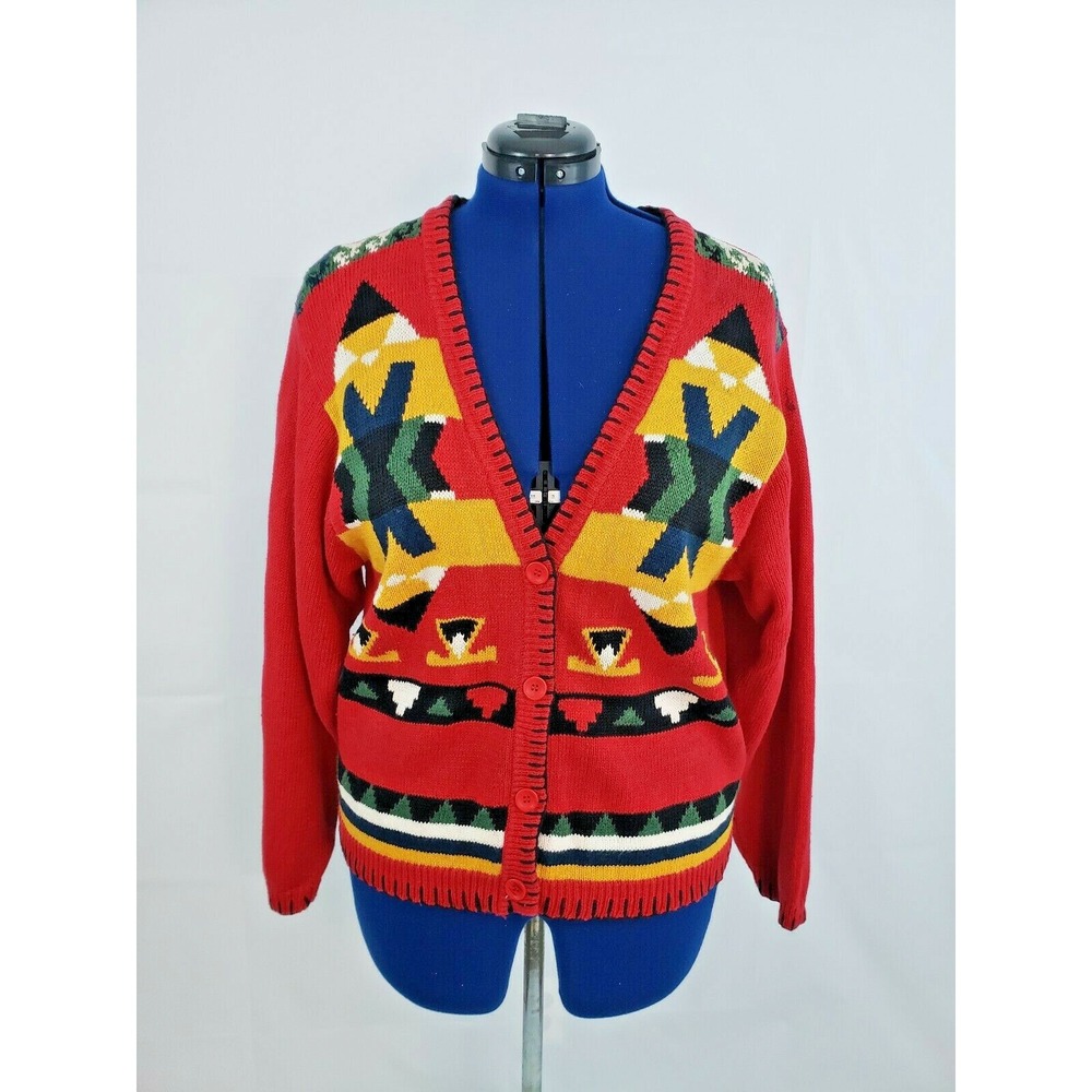 Beyond Blue women's Colorful Geometric‎ Print Sweater Cardigan Size Medium L64